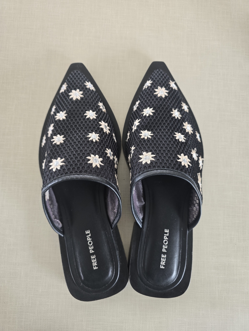 Free People Black Mesh Floral Embroidered Pointed Mules